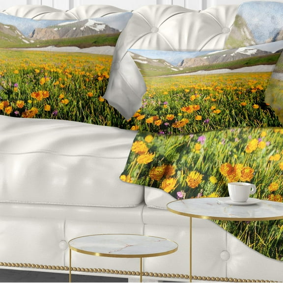 Designart Mountain Plain with Wild Yellow Flowers - Floral Throw Pillow - 12x20