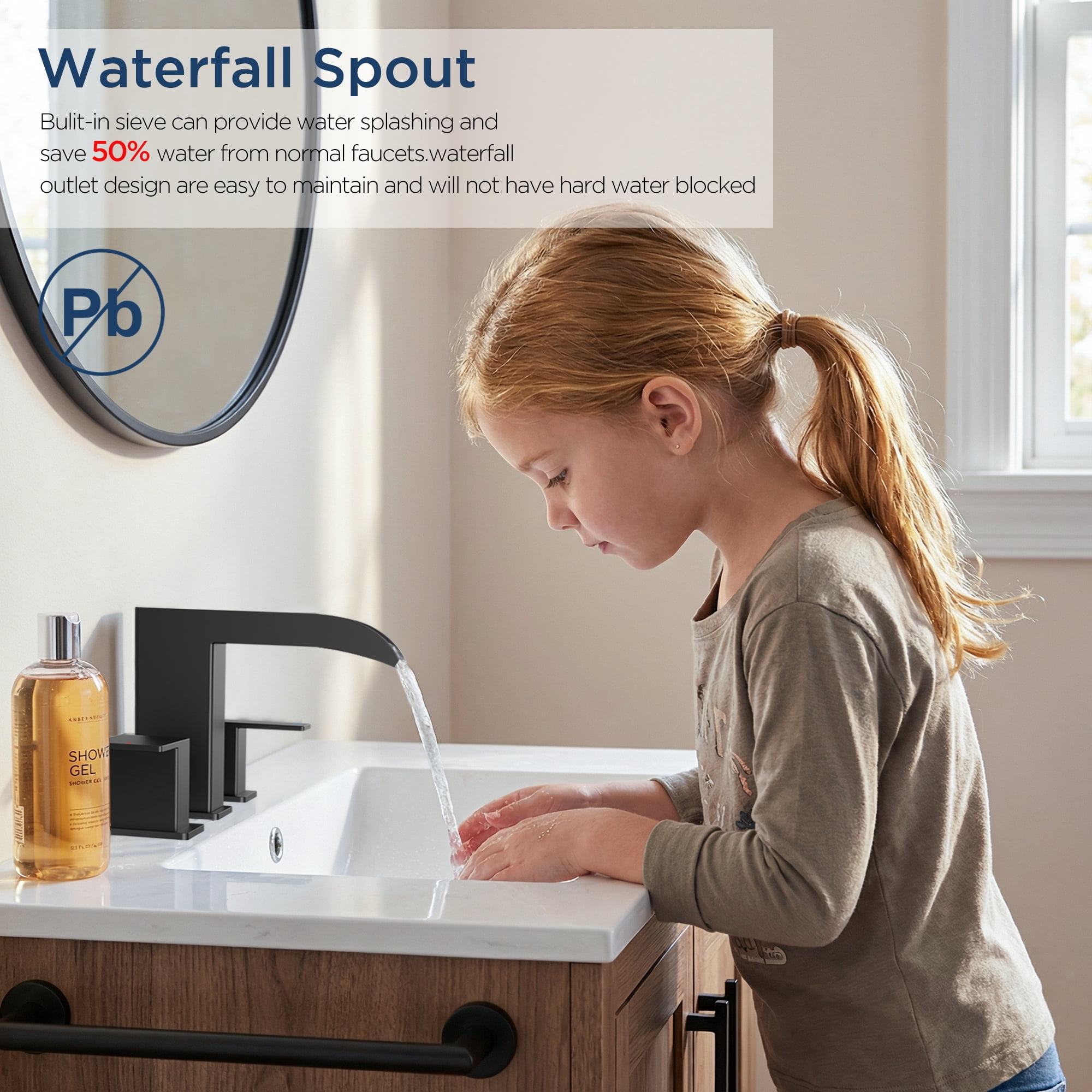 TVOFEK 8 inch Waterfall Bathroom Faucet 3 Hole, Matte Black Bathroom Sink Faucet with Metal Pop-up Drain, 2 Handle Stainless Steel Bathroom Water Faucets for Vanity Lavatory Restroom RV