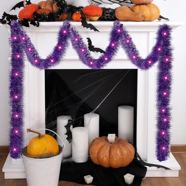 Guirnalda navideña de oropel preiluminada de 16.4 pies con luces, funciona con pilas, 50 LED, guirnalda colgante con luz, guirnalda de papel de aluminio para decoración de árbol, boda, fiesta