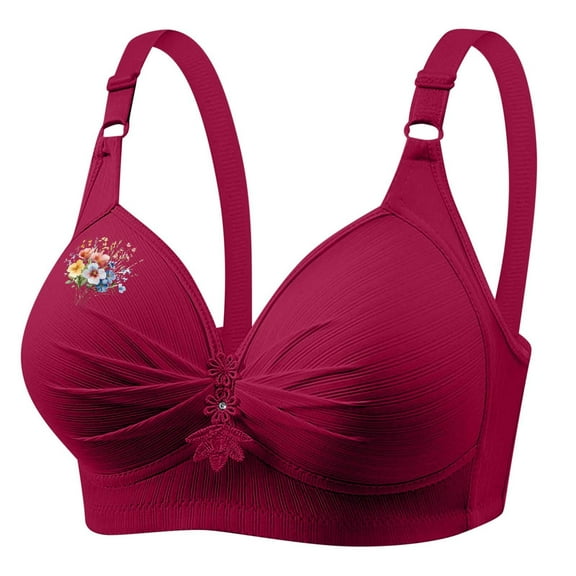 FAVIPT Womens No Wire Bras Floral Print Wireless Bra Push Up Comfort Soft Underwear Breathable Daily Senior Bra 2025 Wine,XXXL