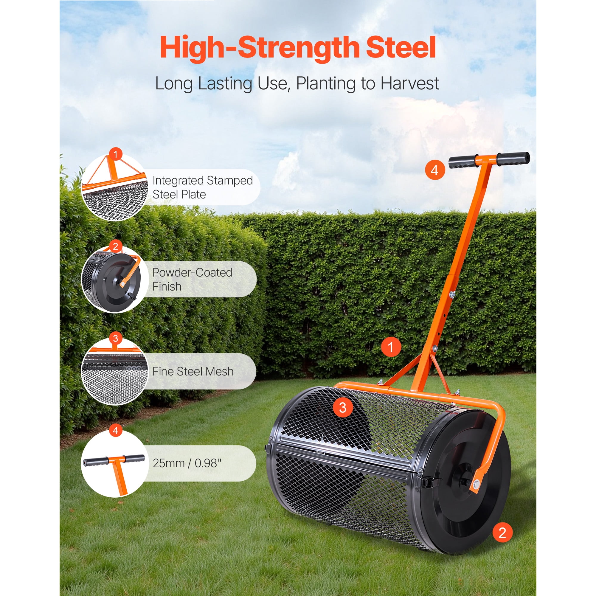 KFFKFF 24-Inch Compost Spreader with Adjustable T-Handle, Durable Steel Peat Moss Roller for Lawn Care and Seeding
