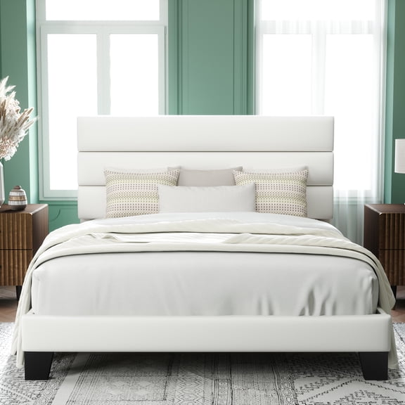 Allewie Full Size Platform Bed Frame with Velvet Headboard/Fully Upholstered Mattress Foundation, No Box Spring Needed, White