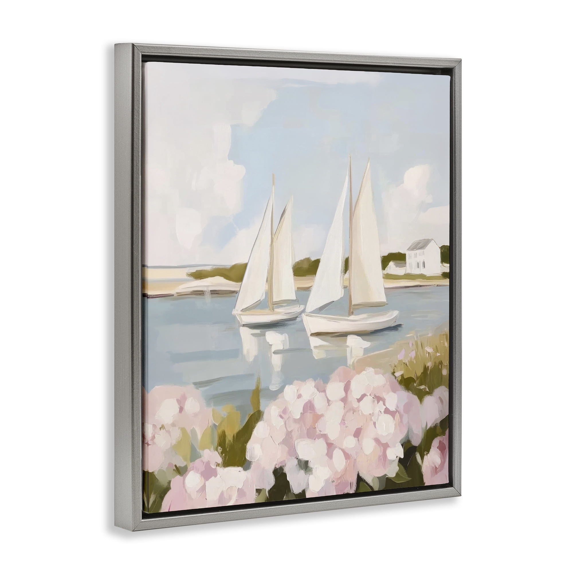 Stupell Industries Sailboat Duo with Pink Hydrangeas Gray Framed Floater Canvas Wall Art, design by Sisi and Seb