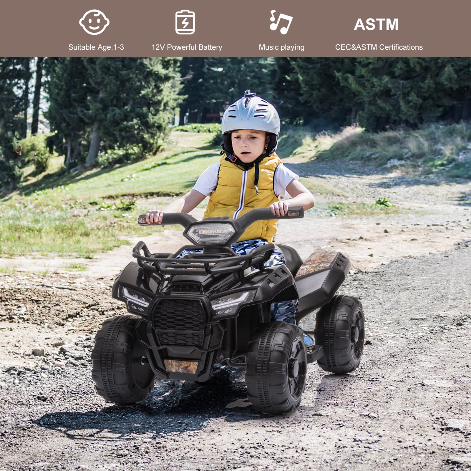 Kids Ride on ATV 6V Battery Powered, 4 Wheeler Electric Vehicle with Horn, MP3, Headlight – Best Gift for 18-36 Months Boys Girls, Adjustable Volume USB Toy Car（Black）