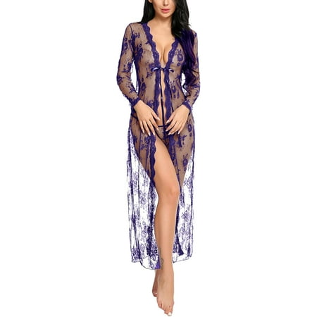 XiaoBanDeng Lingerie for Women Sexy Long Lace Dress Sheer Gown See Through Kimono Robe