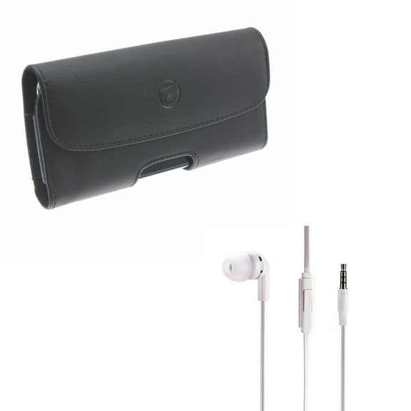 Black Leather Carry Case w Flat Wired Headset MONO Handsfree Earphone Mic L2K for Alcatel Avalon V, REVVL 2, Idol 5S, 1x Evolve - Google Pixel 3a - HTC One M8 E8, Desire 626s 626 555 530