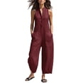thumbnail image 2 of Jumpsuits for Women Dressy Half Button Sleeveless Jumpsuit Stand Collared Solid Color Overalls Loose Wide Leg Jumpsuits with Pockets Wine M, 2 of 4