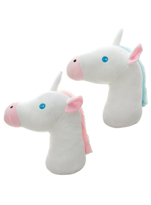 Set of 2 Unicorn Heads Emoji Plush Pillows Stuffed Animal Pet Toys Horn Mane