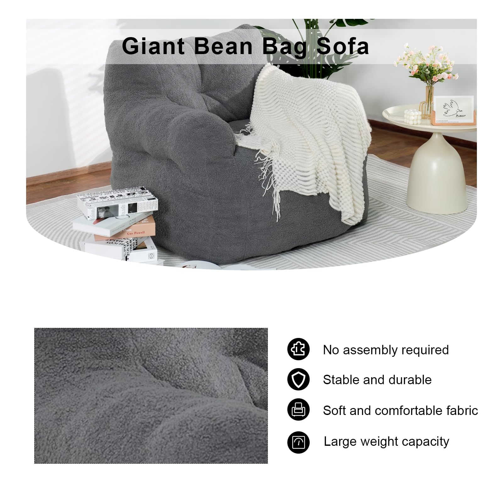 Baxluxe Bean Bag Chairs for Adults Kids Comfy Reading Chair Living Room Couch Home Sofa with Armrest Bean Bag Sofa with Filler Memory Foam Fluffy Lazy Sofa