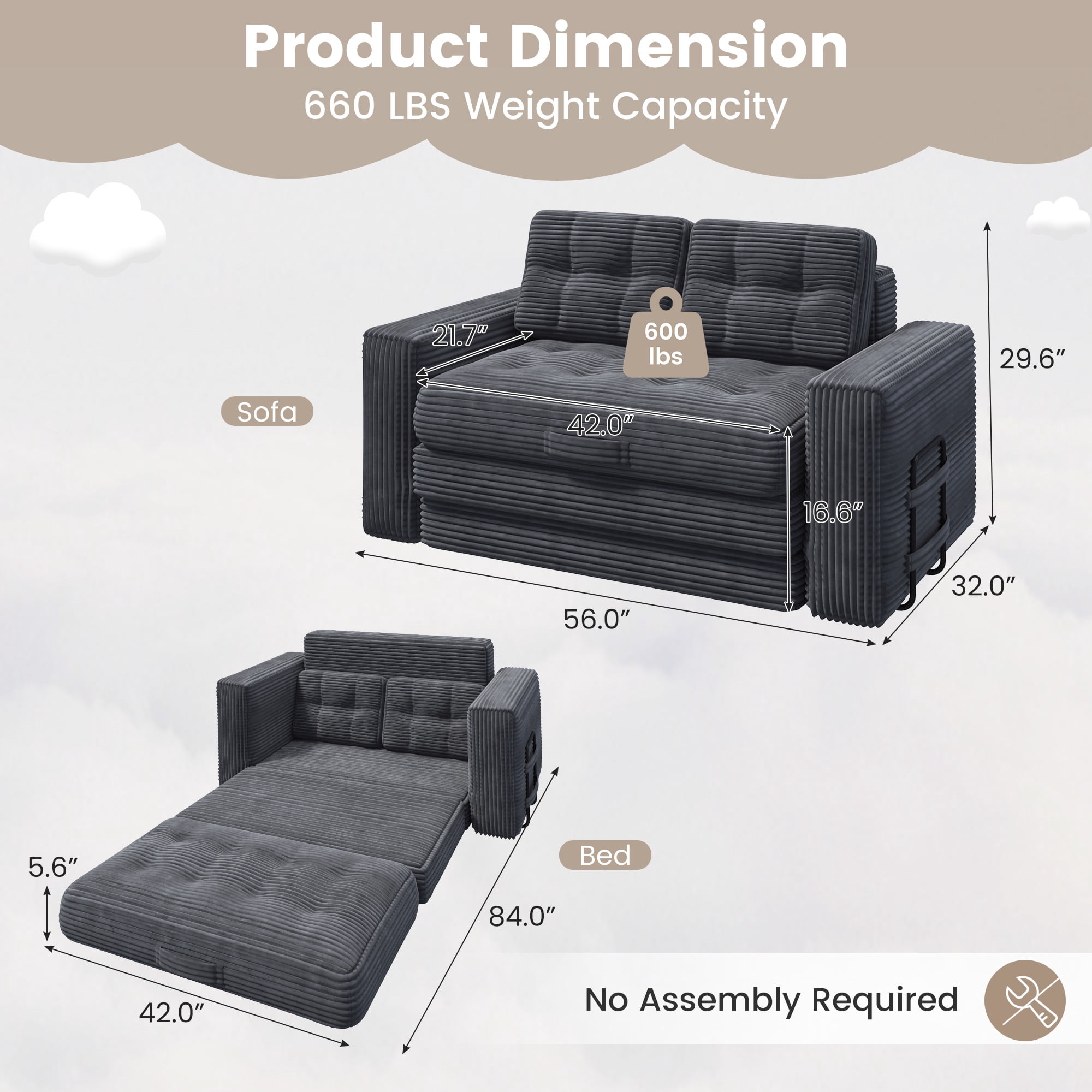 Erinnyees 2-in-1 Sleeper Sofa, No Assembly Corduroy Loveseat, Converts to Bed with Deep Seat & 2 Included Pillows