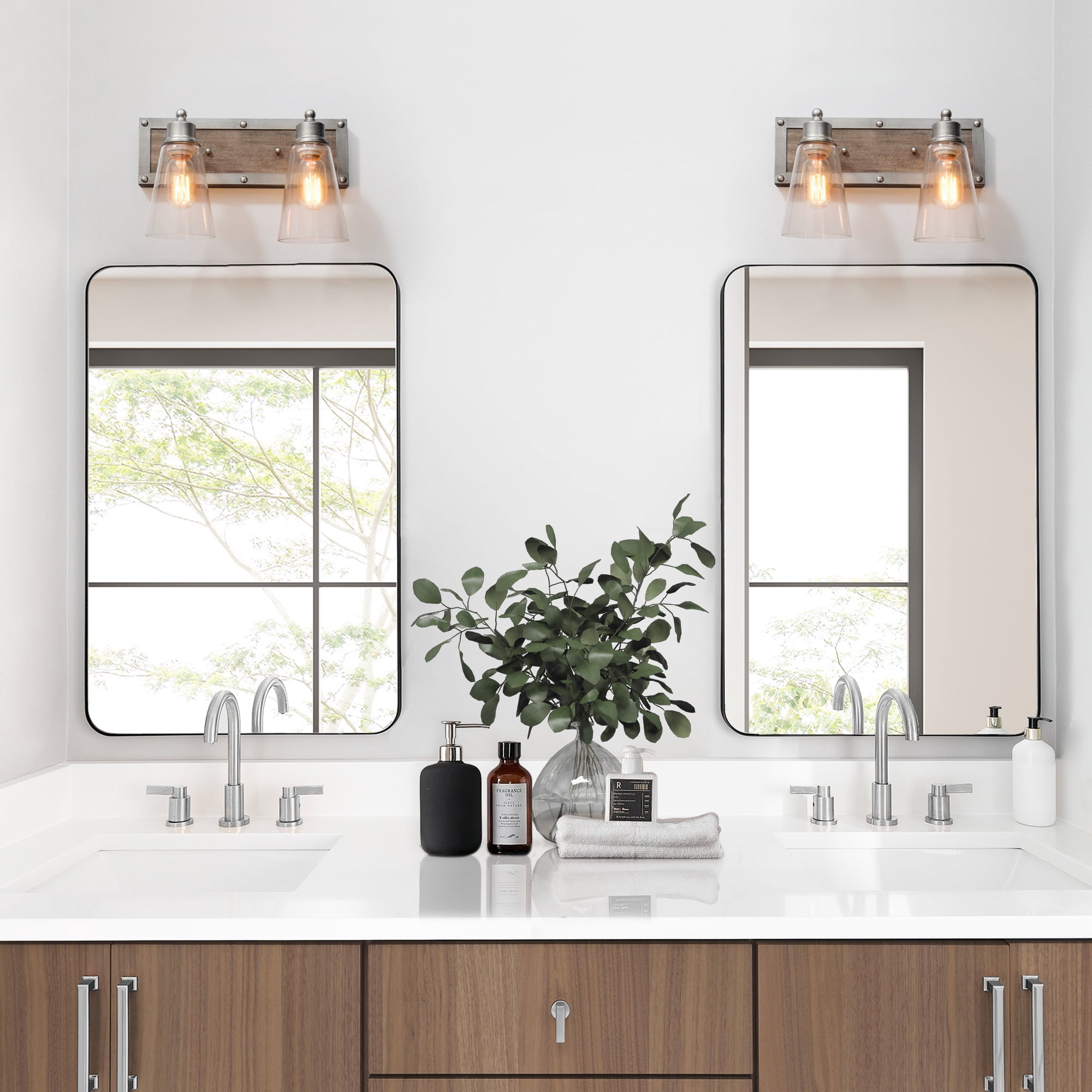 LNC Sabrina 14-in Antique Silver and Distressed Wood Bathroom Vanity Light, Farmhouse, 2-Light