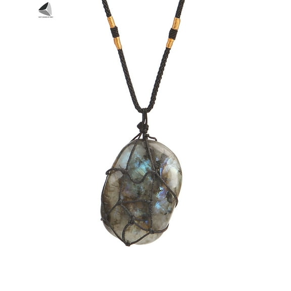 PULLIMORE Natural Labradorite Crystal Pendant Necklace Hand Rope Woven Healing Chakra Stone Necklace