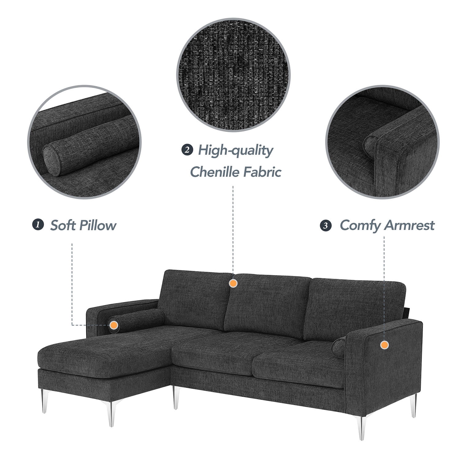 Kadyn 86" Convertible Sectional Sofa, Modern Chenille Fabric Sofa with Reversible Chaise and 2 Pillows, L-Shaped 3-Seat Sofa for Apartment, Dark Grey