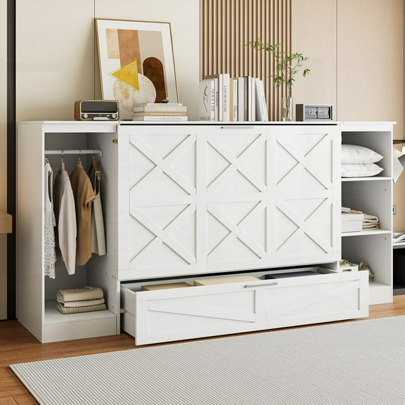 Twin Size Murphy Bed - White, with Side Wardrobe & 3 Bedside Shelves
