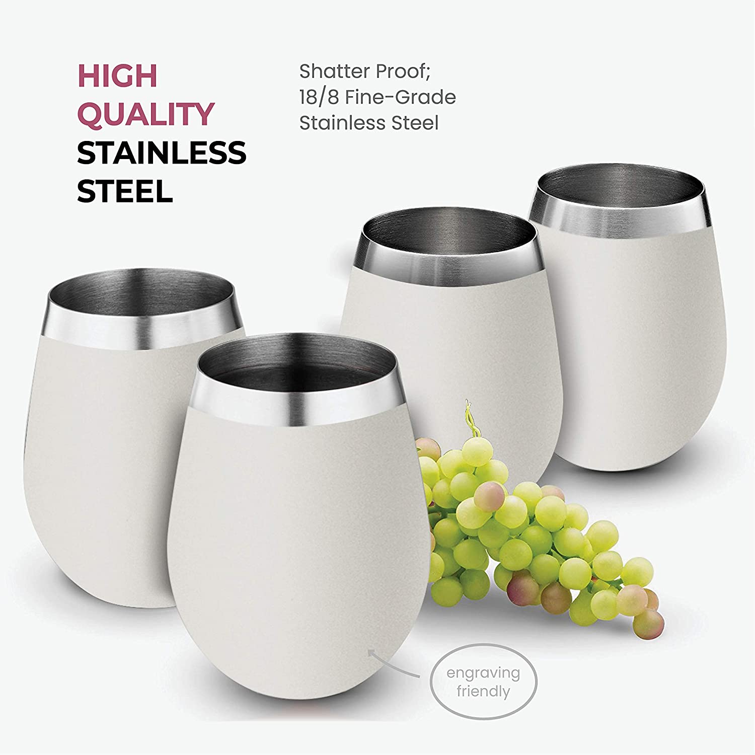 Stainless Steel Unbreakable Wine Glasses - 18 Ounce Set of 4 Wine glasses. Premium Grade 18/8 Stainless Steel Red & White Stemless Wine Glasses set, (Pure Pearly White)