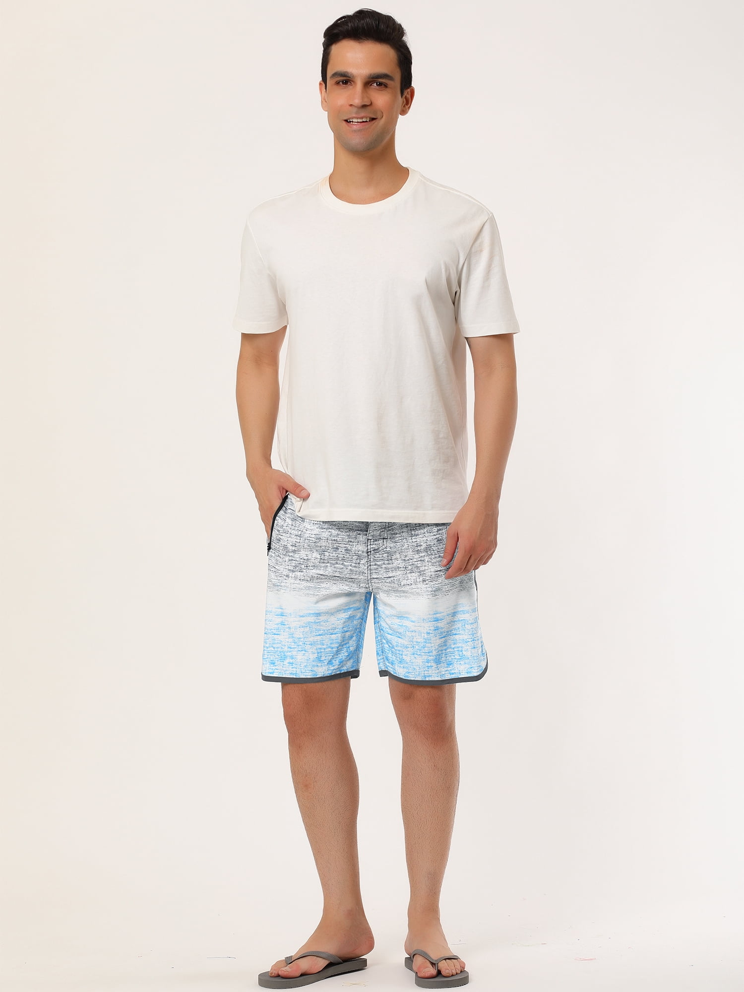 Unique Bargains Men's Summer Printed Drawstring Color Block Swim Beach Shorts 32 Gray Blue