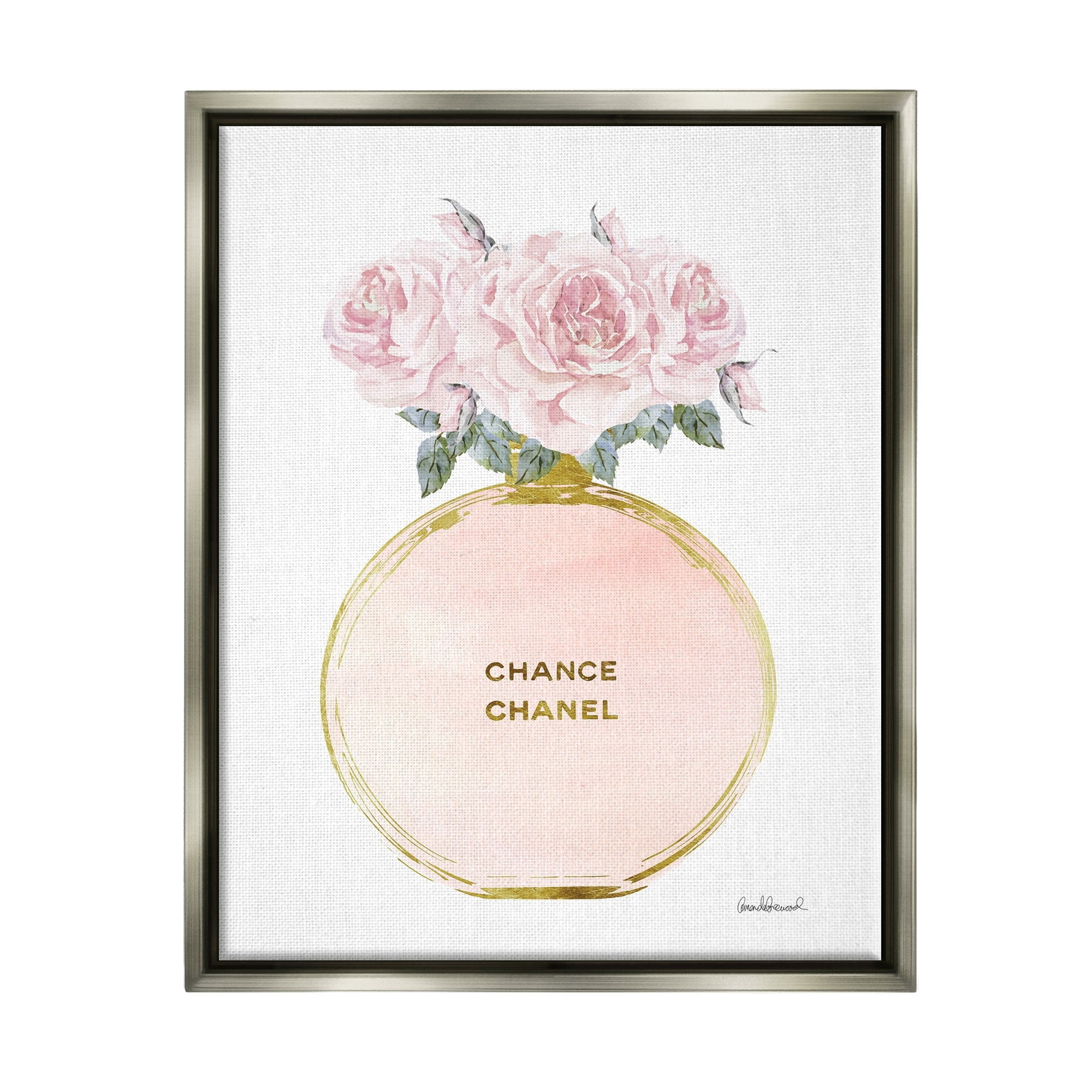 Stupell Industries Pink and Gold Round Perfume Bottle with Roses Luster Gray Framed Floating Canvas Wall Art, 24x30, by Amanda Greenwood