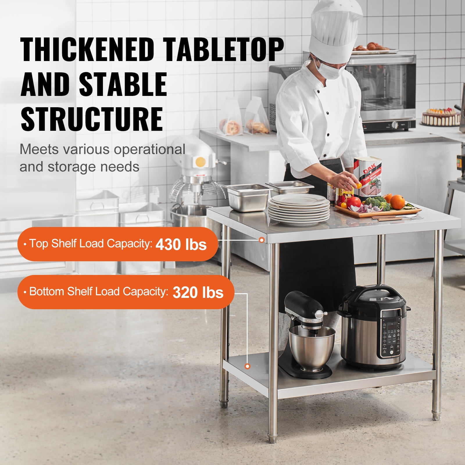 KFFKFF Metal Prep Station, 24x36x34 in, Supports Up to 750 lbs, Durable Stainless Steel Table with 3 Height Settings, Ideal for Kitchen, Garage, or Commercial Use