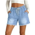 thumbnail image 2 of Women High Rise Ripped Stretchy Jeans Shorts Frayed Raw Hem Casual Denim Shorts Blue S, 2 of 7
