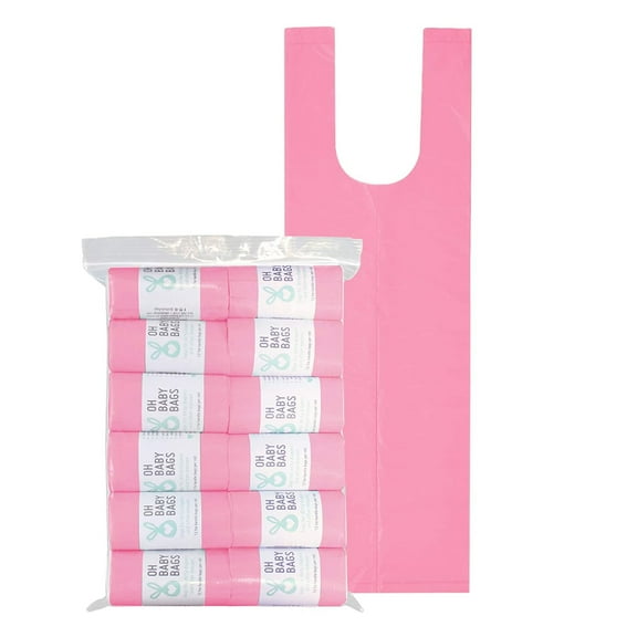 Oh Baby Bags Disposable Dirty Diaper Bags, 144 Count, 12 Rolls of Large Tie Handle Bags, Scented (Pink)