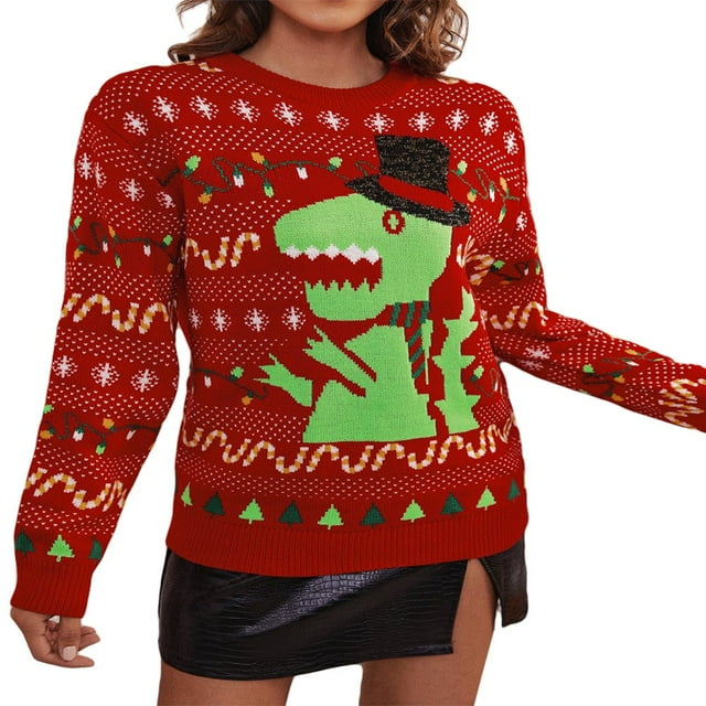 MesaSe Chandail de Noël Laid pour Femmes Printemps Automne Col Rond Manches Longues Imprimé Dinosaure