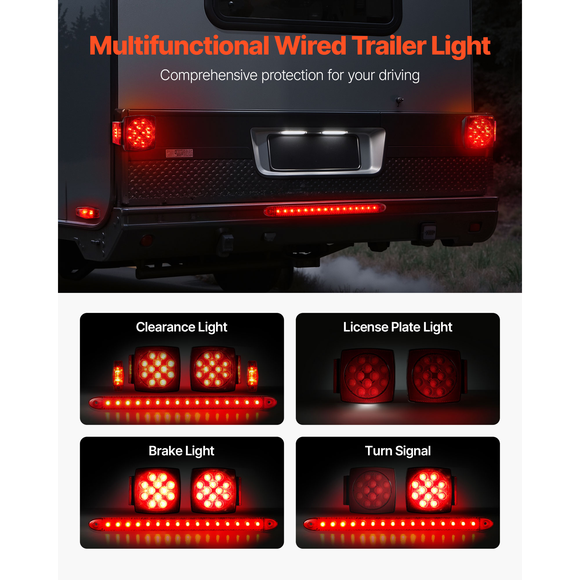 KFFKFF 12V LED Trailer Tail Lights Kit with Stop, Brake, Turn, and License Plate Lamps, Waterproof Tow Lighting System with Wiring Harness for Boats, Trucks, Campers, RVs, and Snowmobiles