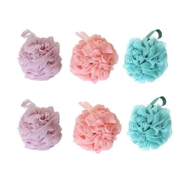6 esponjas de baño para adultos con forma de flor (morado, azul y rosa, 2 unidades cada una)