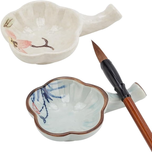 2 Styles Porcelain Ink Dish Flower Shape Ink Plates Multifunction Brush Rest Holder Calligraphy Supplies for Chinese Japanese Calligraphy Painting DIY