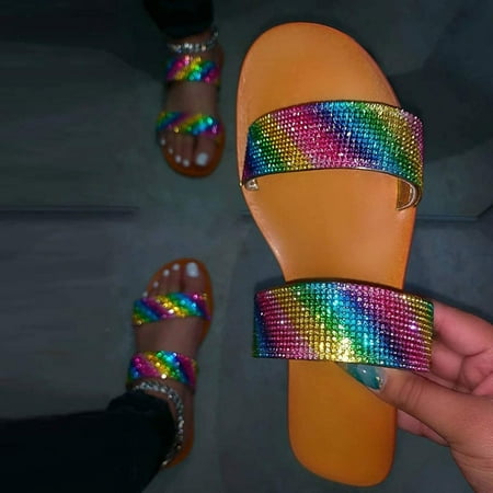 

YOTAMI Womens Sandals Womens Glitter Bling Fancy Slide Flat Low Wedge Casual Fashion Sandals Shoes Multicolor