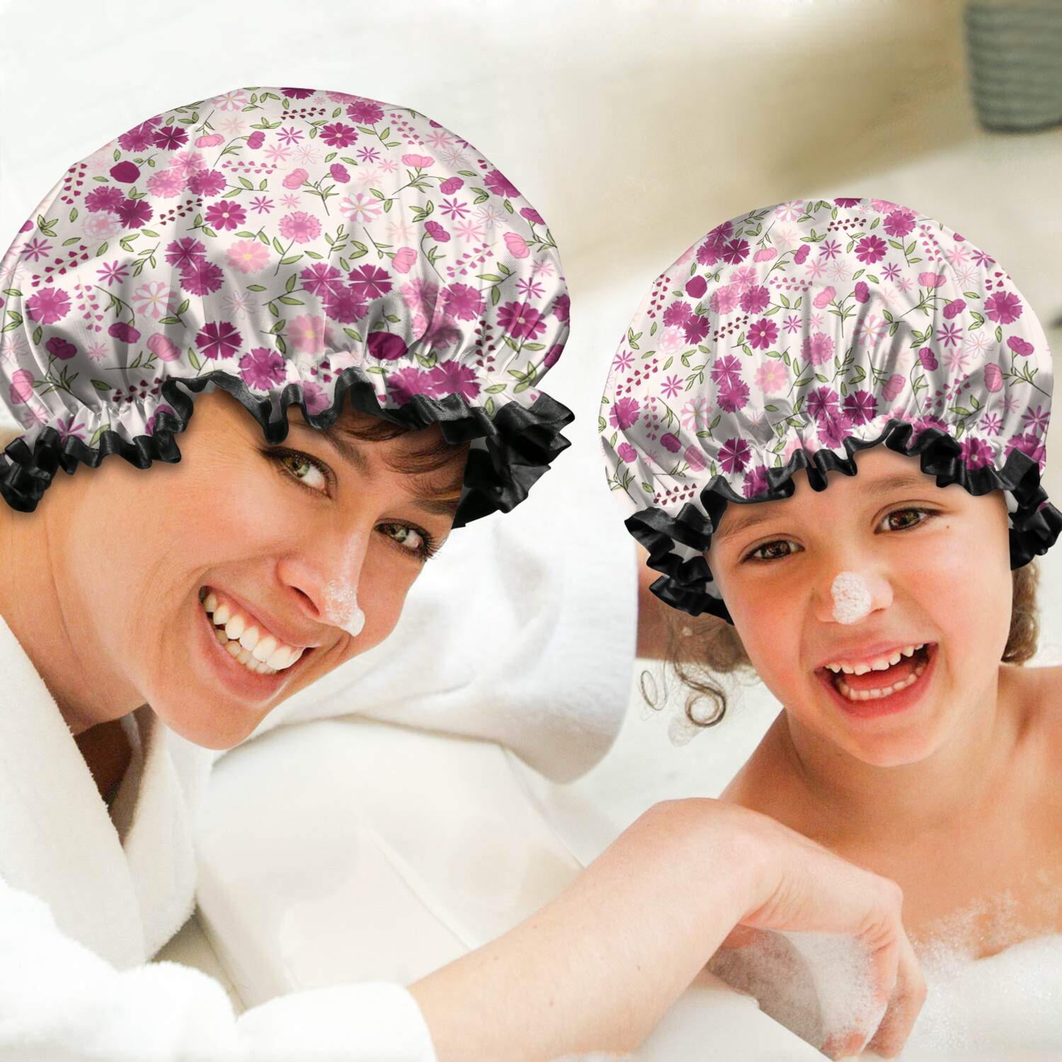 Shower Caps,Pink Pioneer Flower Pattern Waterproof Shower Cap for Women 4 Pieces,Double Reusable Hair Cover for Shower PEVA Elastic Stretch Hem