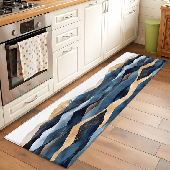 Abstract Graffiti Runner Rugs 2x6 ft Blue Gold Stripe Water Ripple Washable Hallway Rugs Non-Slip Floor Mats Absorbent Carpet Bedside Runners for Bedroom Kitchen Bathroom Laundry Room