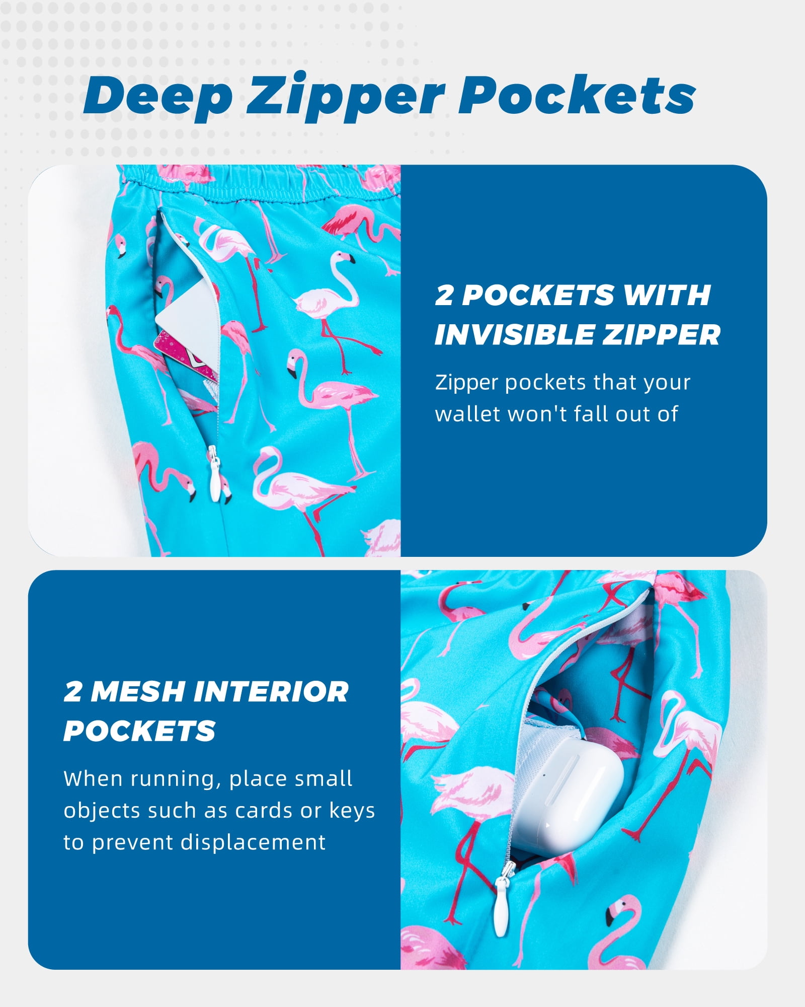 SURF CUZ Mens Swim Trunks with Compression Liner Mens Swimming Trunks 5 Inch Bathing Suit with Zipper Pockets Quick Dry Swim Shorts Blue Flamingo Medium