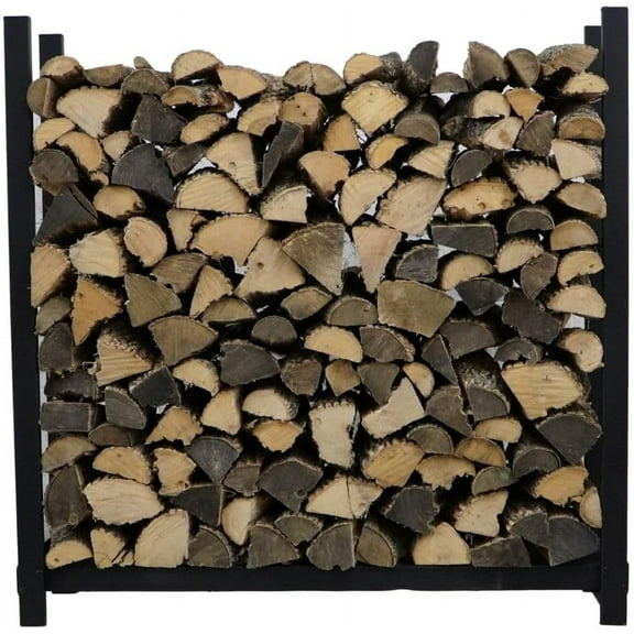 Woodhaven Black 4 Foot - Heavy Duty Made In USA - Indoor Outdoor - 1/4 Cord Firewood Storage Log Rack With Optional Seasoning Cover Combo Set - Metal Log Storage - 48” x 48” (No Cover)
