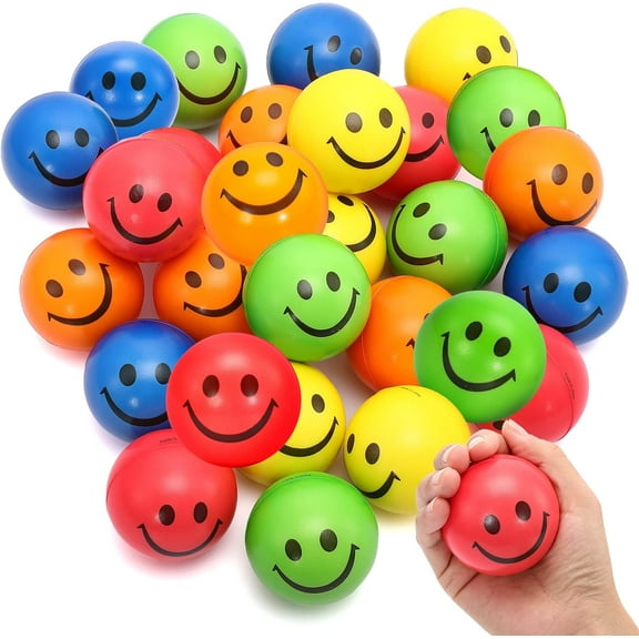 24 Pack Stress Balls Bulk,2.5 Inch Face Squeeze Balls,Smile Face Stress Balls,Party Favor Soft Balls,Stress Relief Balls for Finger Exercise School Carnival Reward,Assorted Colors Random