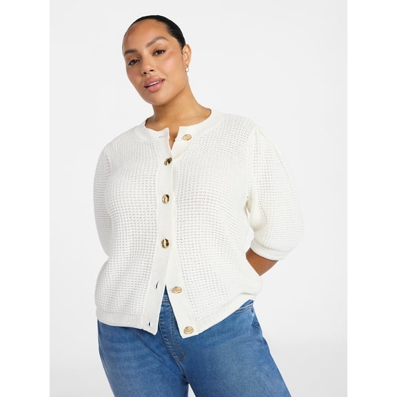Terra & Sky Women's Plus Size Textured Crewneck Cardigan with Short Sleeves, Midweight, Size 0X-5X