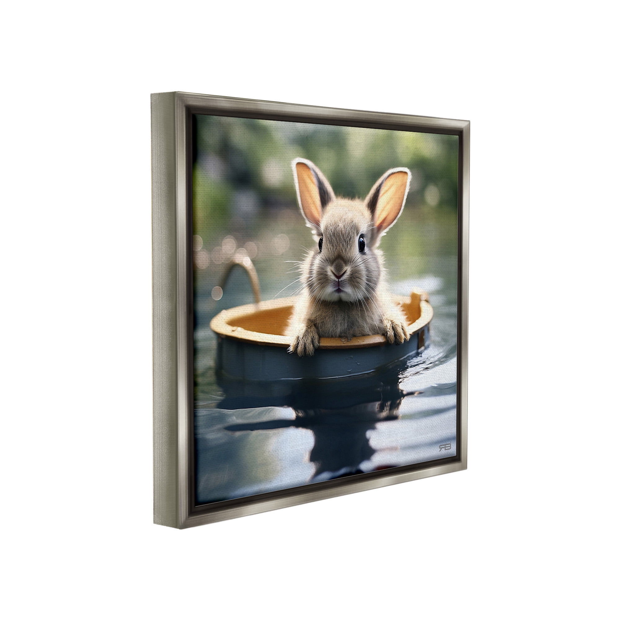 Stupell Industries Bunny in Garden Pond Animals & Insects Painting Gray Floater Framed Canvas Art Print Wall Art, 18 x 18