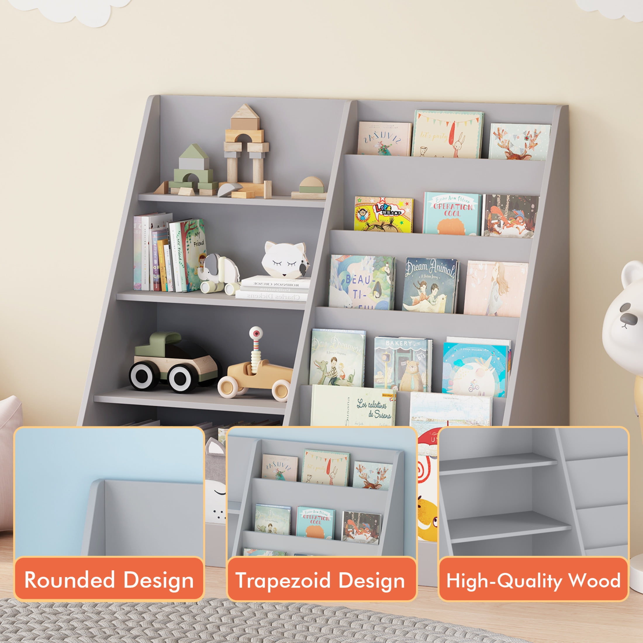 Noble House Polly Kids Display Bookshelf, Toy Storage Organizer, 4-Tier Wooden Bookcase with Bin Cabinet, Gray