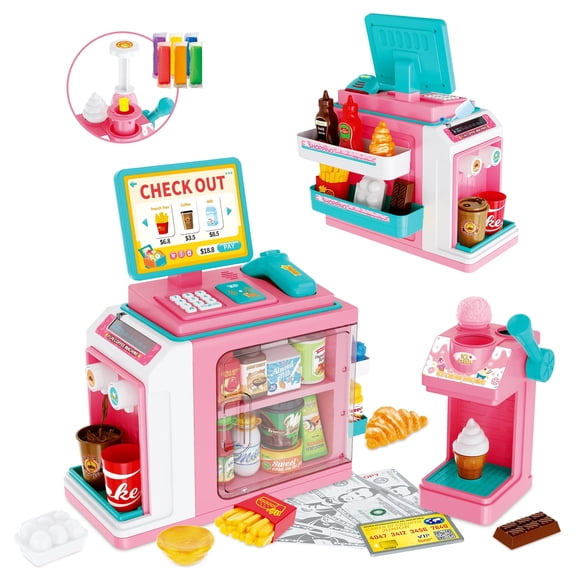 Kids Pretend Play Store Set with Toy Cash Register for Kids, 45 Piece Accessories Grocery Store Playset with Scanner, Food & Play Money & Ice Cream Maker