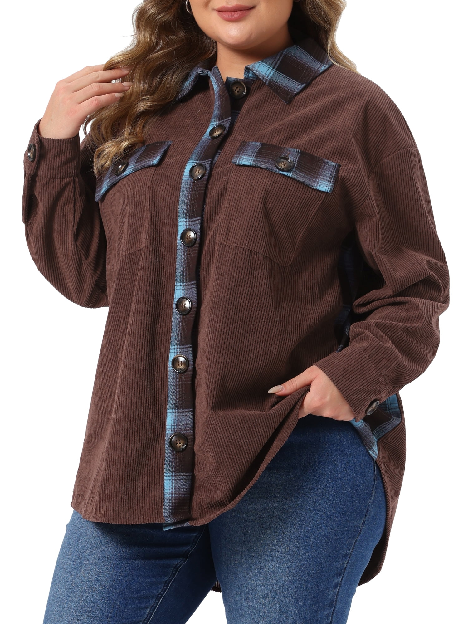 DARING DIVA Women's Plus Corduroy Plaid Long Sleeve Shacket 2X Brown