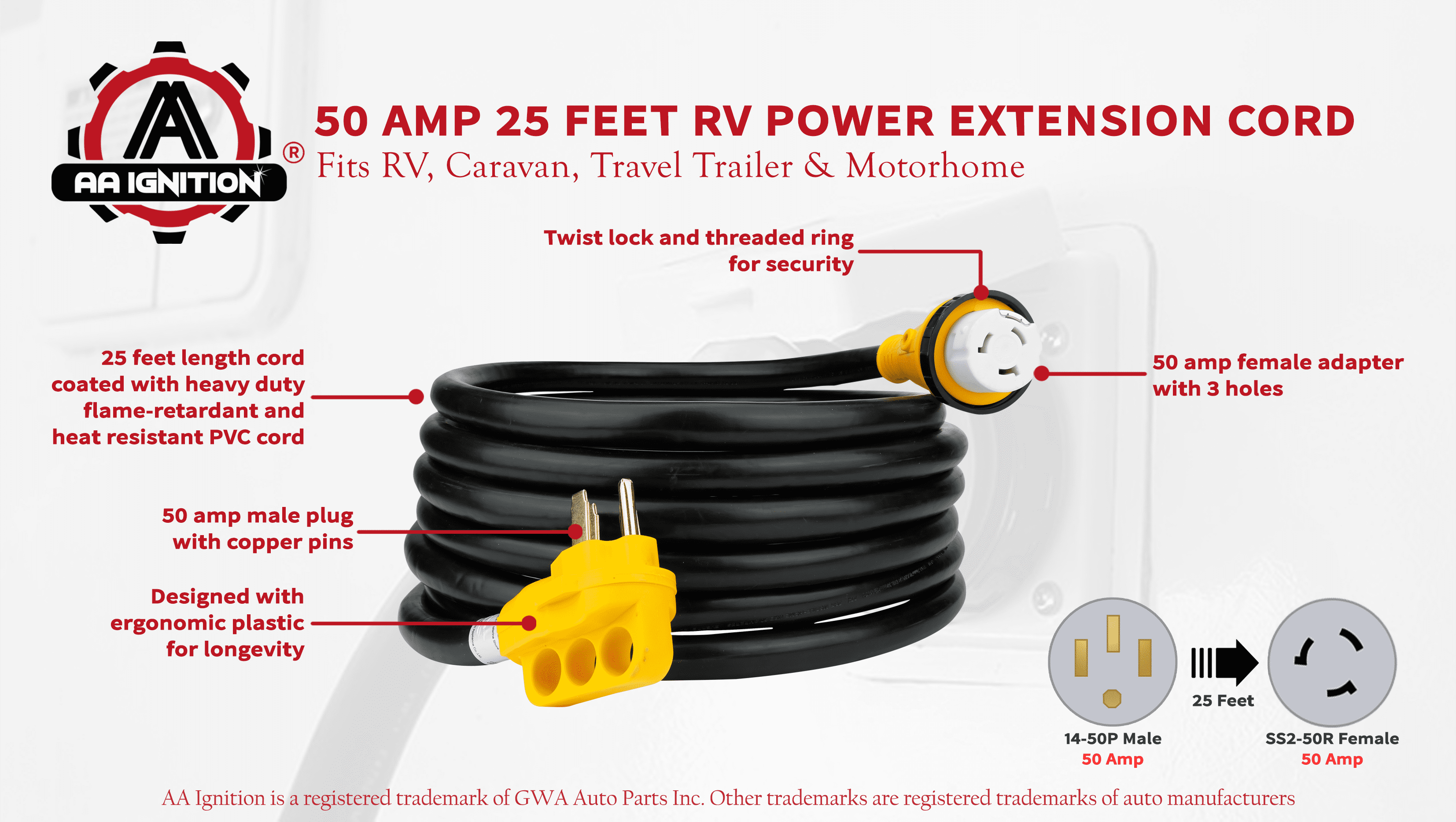 NEMA 14-50P/SS2-50R 125/250V 50A RV Power Extension Cord w/ Twist Lock