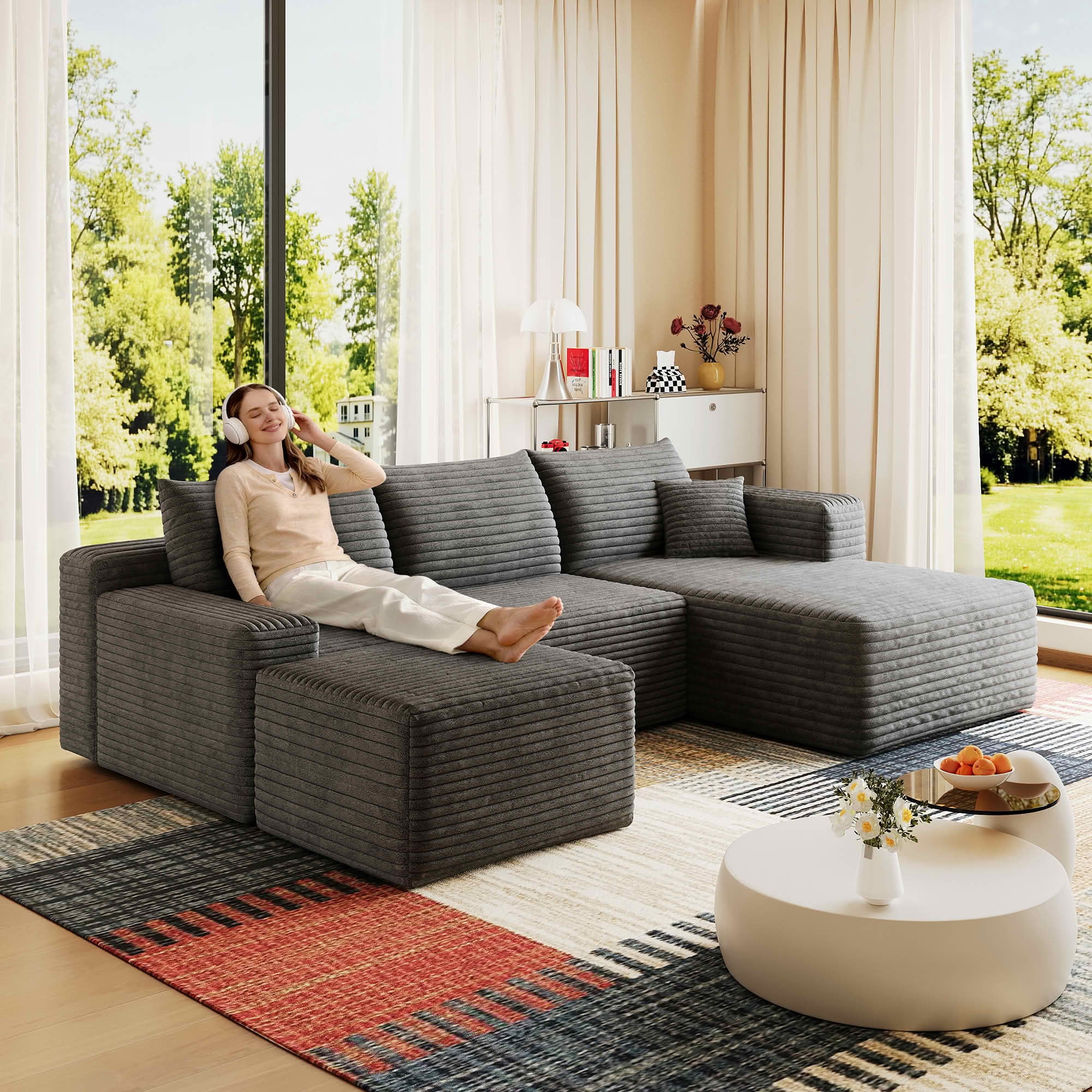 MAYEERTY 95" Corduroy U-Shaped Sectional Sofa with Ottoman, Deep Seat Cloud Couch, No Assembly Leisure Sofa for Home