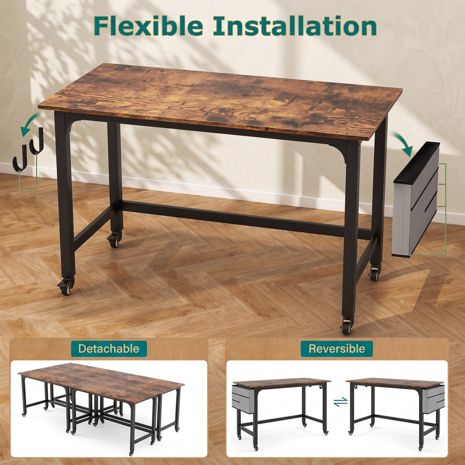 Furnibear Rolling Computer Desk Home Office Desk with Detachable Fabric Bag and Wheels, Mobile Writing Desk with Metal Frame, Rustic Brown
