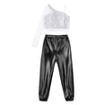 thumbnail image 4 of iixpin Kids Girls Dance Costume 2 Piece Hip Hop Jazz Outfits One Shoulder Crop Top with Jogger Pants Dancewear Silver&Black 16, 4 of 6