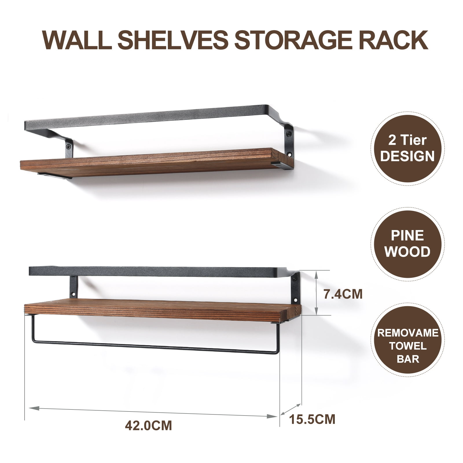 Uten Floating Wall Shelf Set of 2, Wall Mounted Shelves Wooden Holder Loading 20lb, Brown