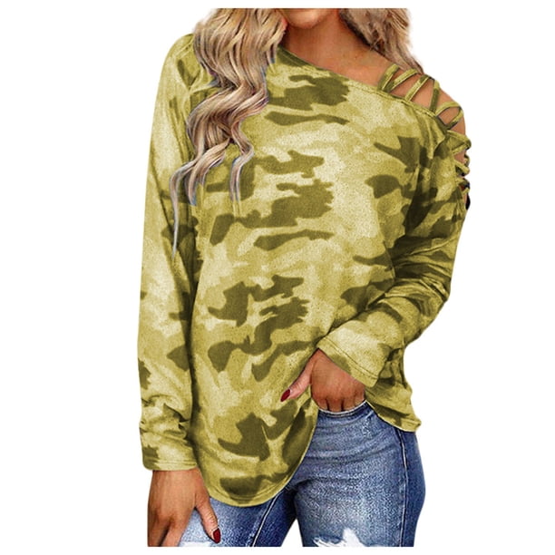 Moda mujer estampado manga larga cómoda transpirable ahueca hacia fuera la camisa Tops Fridja hj3254
