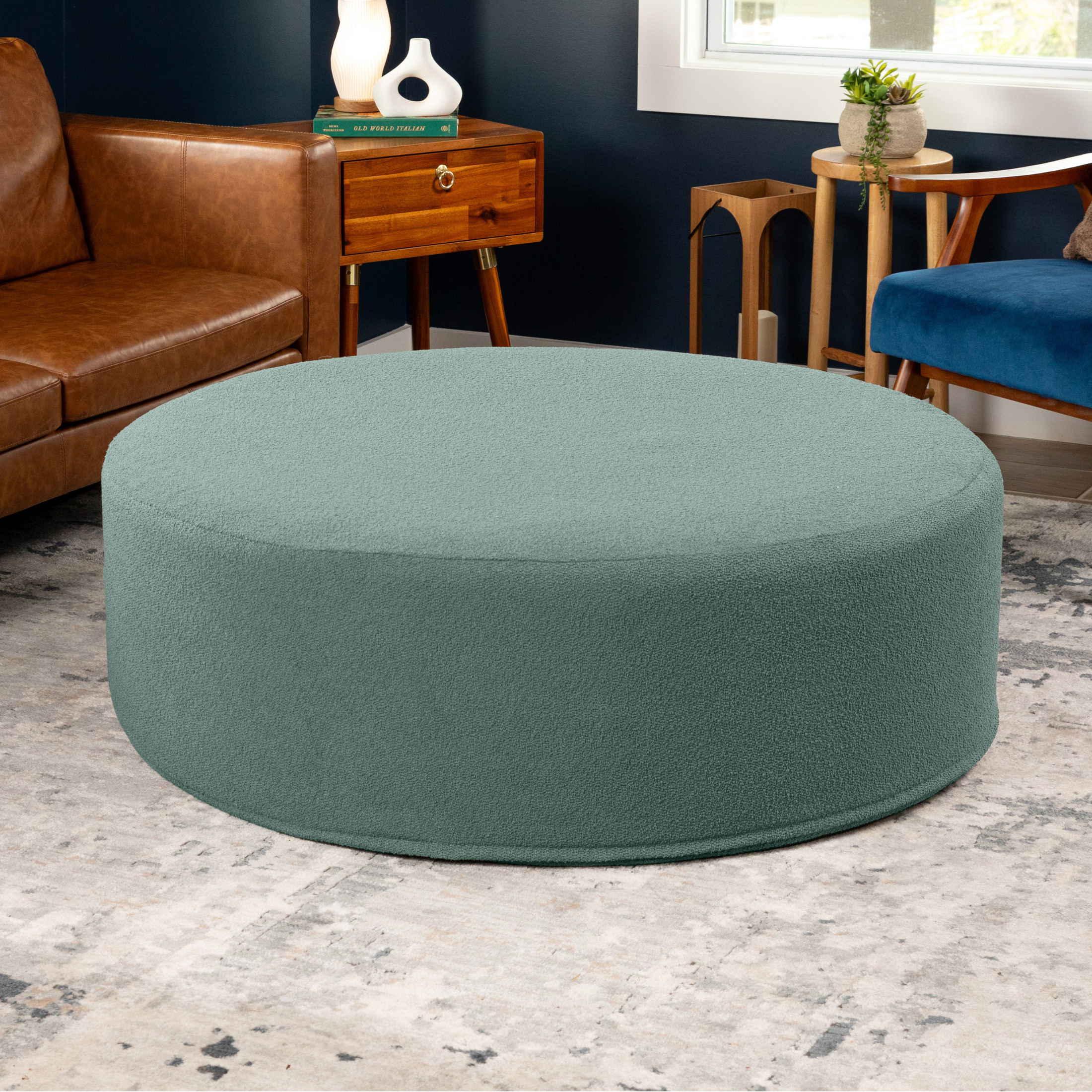 Jaxx Candler Round Coffee Table Ottoman, Oversized, 44-Inch, Boucle Green