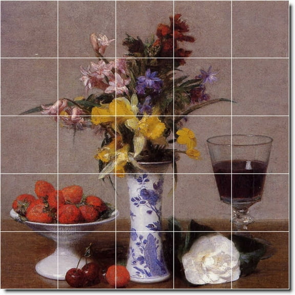 Ceramic Tile Mural-Henri Fantin-Latour Still Life Shower Tile Mural 26. 21.25" w x 21.25" h using (25) 4.25 x 4.25 ceramic tiles