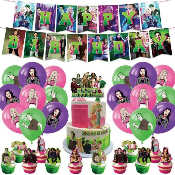 32 PCS For Zombies Theme For High Birthday Party Decorations,with 1 Happy Birthday Banner Garland,18 Balloons,13 Cupcake Toppers,All-in-One Party Supply Set