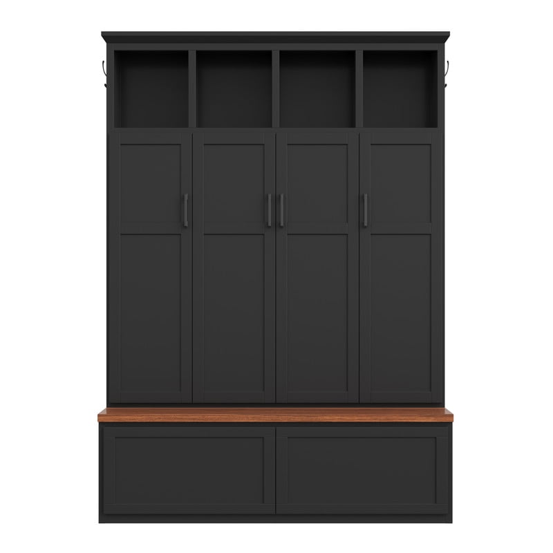 Modern Farmhouse Hall Tree with Bench and Storage Cabinets, Entryway Coat Rack with 6 Hooks, 4 Hidden Cabinets, Drawers and Open Shelves, Mudroom Organizer for Hallway, Living Room