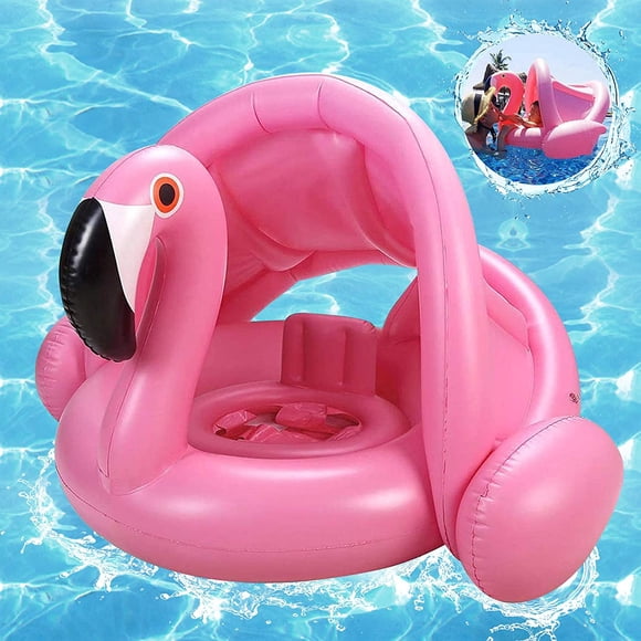Baby Flamingo Float with Canopy Adjustable and Removable Sun Shade Inflatable